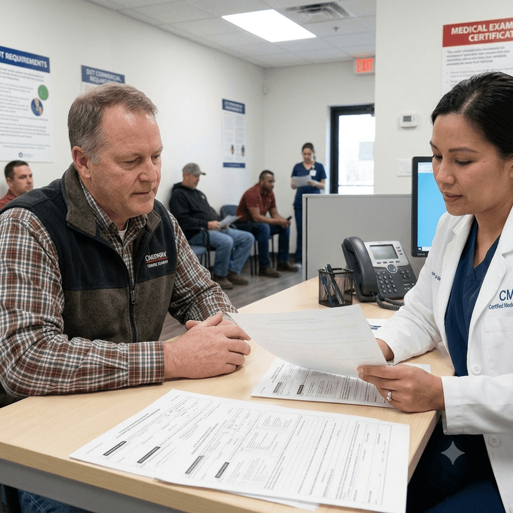 Driver reviewing paperwork with medical staff