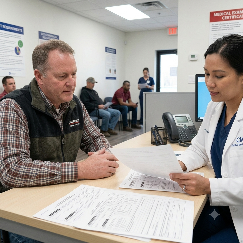 Driver reviewing paperwork with medical staff
