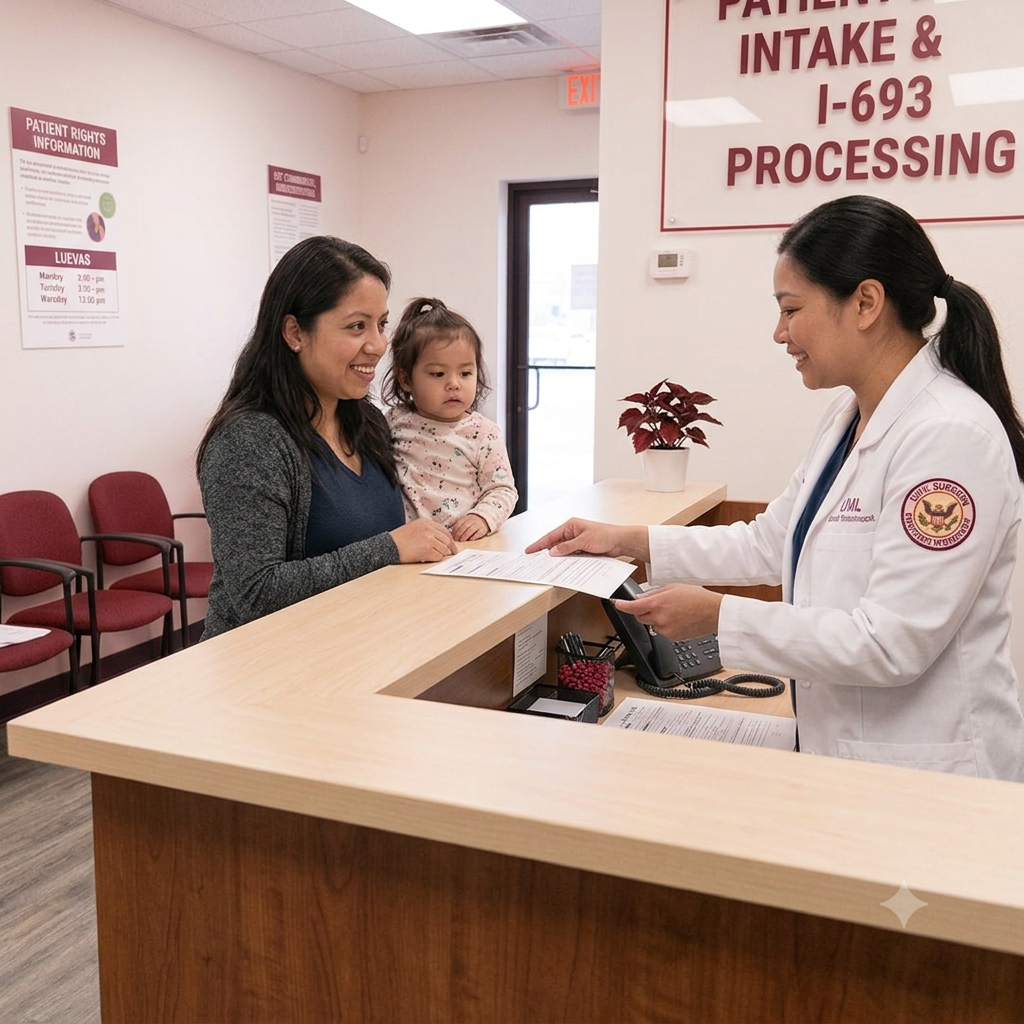 Civil surgeon with patient